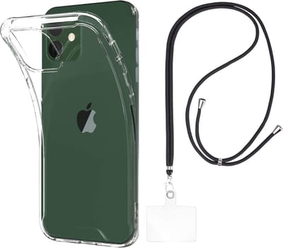 Set met hoesje en nekband voor iphone 12 / 12 pro - Flexibele, transparante TPU-bescherming, verstelbare universele nekband voor mobiele telefoons, zwarte nekband, transparante draagriem van Phonillico®