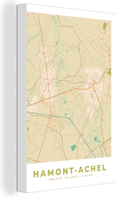 Canvas Schilderij Kaart - Plattegrond - Vintage - Stadskaart - Hamont-Achel - 20x30 cm - Wanddecoratie