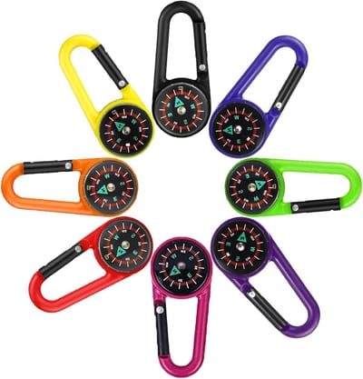 8-delige Kompas met Karabiner Sleutelhanger voor Wandelen, Navigatie, Outdoor Activiteiten, Kinderen, Mini Kompas, Oriëntatie Hulp, Camping en Avontuur
