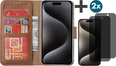 Hoesje met Privacy Screenprotectors 2 Stuks Geschikt voor iPhone 15 Pro – Arara bookcase met pasjeshouder - Bruin