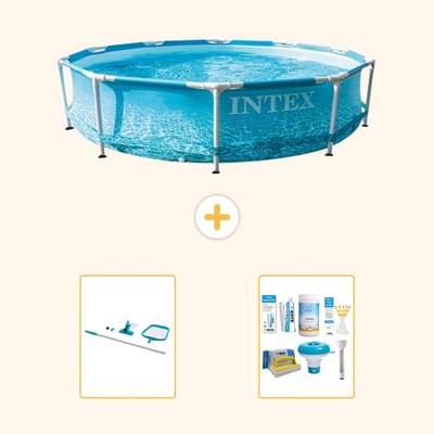 Intex Rond Frame Zwembad - 305 x 76 cm - Waterprint - Inclusief Schoonmaakset - Onderhoudspakket - 3-delig