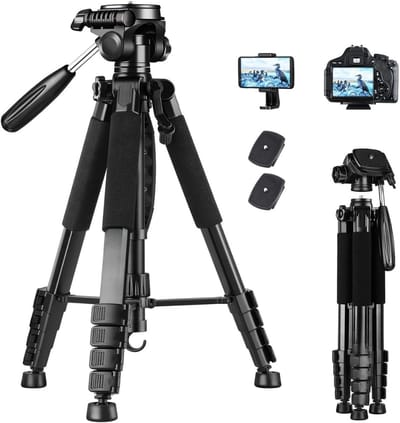 Famanu – Camerastatief 185 cm van aluminium, verstelbaar statief met 3-wegkop en telefoonhouder