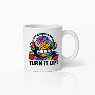 Witte Mok 330ml – Kleurrijke Aap met Koptelefoon “Turn It Up!” Muziekliefhebber Koffiebeker