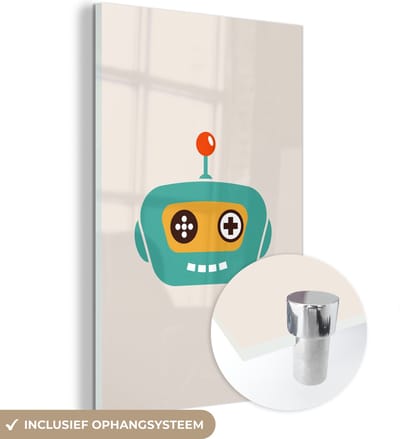 MuchoWow® Glasschilderij 120x180 cm - Schilderij acrylglas - Robot - Gezicht - Antenne - Technologie - Jongen - Kind - Foto op glas - Schilderijen