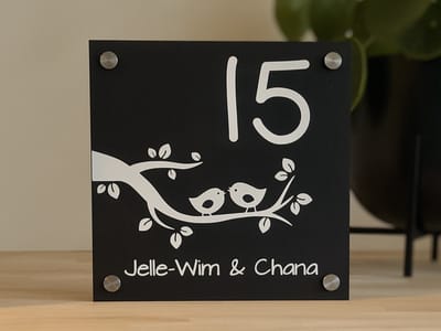 Naambordje | Vogeltjes op tak | 20x20cm | Matzwart | Huisnummerbord | Plexiglas | RVS afstandhouders | Gezinsnaambordjes