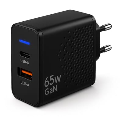 Gmedia USB-C Oplader 65W – 2-Poorts Snellader met USB-C PD & USB-A QC 3.0 – Krachtige Universele Adapter voor Telefoon, Tablet & Laptop - Zwart