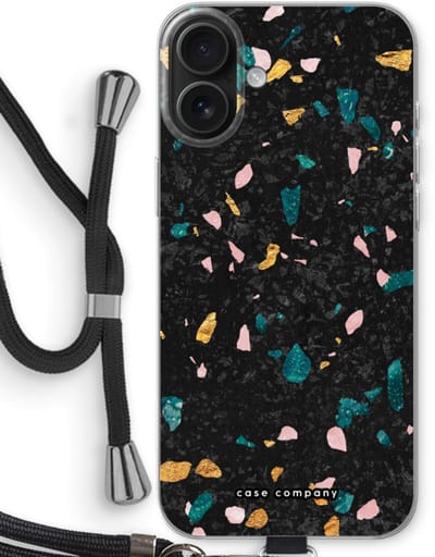 Case Company® - Hoesje met koord geschikt voor iPhone 16 Plus hoesje met Koord - Terrazzo N°10 - Telefoonhoesje met Zwart Koord - Bescherming aan alle Kanten en Over de Schermrand