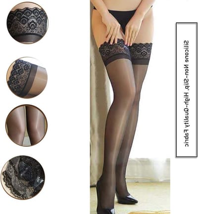 15D Pure Oil Lace Top Kousen met Silicone Antislip, Zwart en Bruin, Dames Thigh High, One Size, Perfect voor Feestjes en Dagelijks Gebruik
