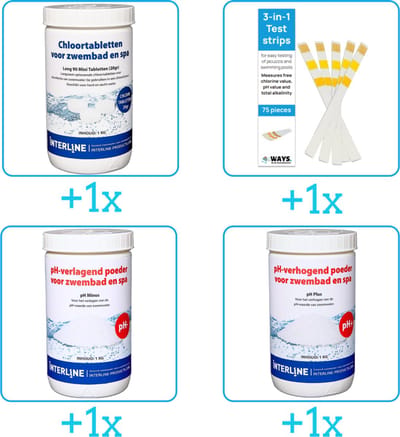 Zwembad Onderhoudspakket - Onderhoud Zwembad - bevat Chloor - Testrips - PH-min en PH-plus (4-delig)