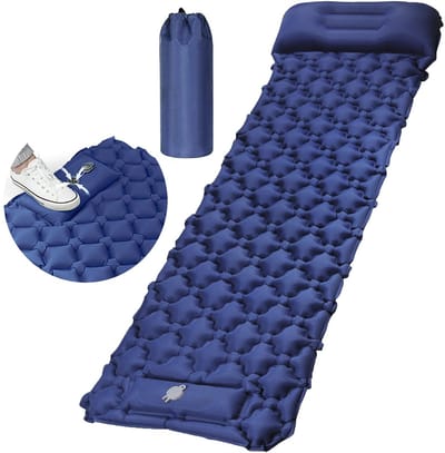 Opblaasbaar luchtbed voor 1 persoon – Donkerblauw kampermatras met ingebouwde voetpomp – Vervaardigd uit duurzaam 40D nylon TPU – Waterdicht en vochtwerend, eenvoudig af te vegen – Maximaal draagvermogen tot 150 kg