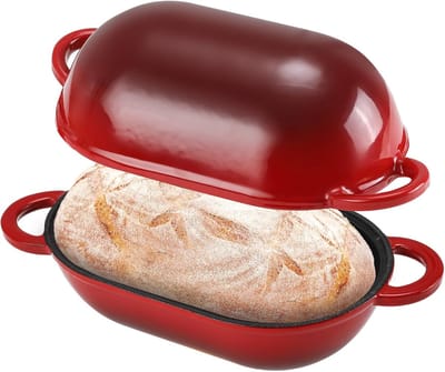 Broodbakvorm met deksel - Gietijzeren pan - Oven bakken - Geëmailleerd oppervlak - 23 cm - Kleurverloop rood