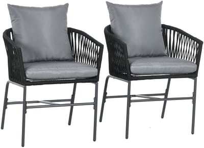 Tuinstoelen Set van 2 Buitenstoel Loungestoel Leesstoel 57x60x71 cm Zwart Gebogen Zitting met Zitkussens en Vloerbeschermers Stevig Metalen Frame Eenvoudig te Monteren en Reinigen voor Terras Balkon en Tuin