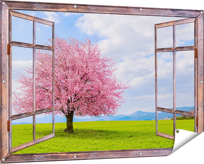 Gards Tuinposter Doorkijk Roze Sakura Bloesem Boom in het Groene Veld - 150x100 cm - Tuindoek - Tuindecoratie - Wanddecoratie buiten - Tuinschilderij