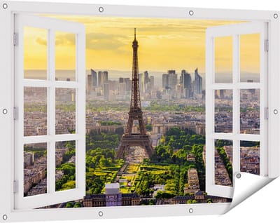 Gards Tuinposter Doorkijk Skyline van Parijs met de Eiffeltoren - 120x80 cm - Tuindoek - Tuindecoratie - Wanddecoratie buiten - Tuinschilderij