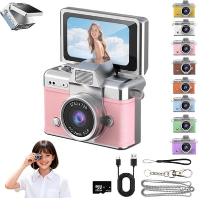 Fotocamera - Compact Camera - Voor Kinderen - Retro-Mini-Digitale-Camera - Sleutelhanger-Camera - 1080P-Full-HD - 0.96-Inch-IPS-Scherm - Inclusief-64GB-Kaart - 6-Filters - Vakantiecadeaus - roze