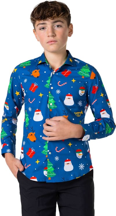 OppoSuits Festivity Blue Teen Boys - Tiener Kerst Overhemd - Kerst shirt - Blauw - Maat 10 Jaar