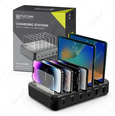 YUCONN Oplaadstation Snellader- 6 Poorten - Familie Oplaadstation Smartphones/Tablet - Charging Station USB Snellader - Lader voor Thuis en Kantoor