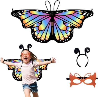 Drie-delige vlinder kostuum voor kinderen met masker, haarband, cape en vleugels voor carnaval en Halloween