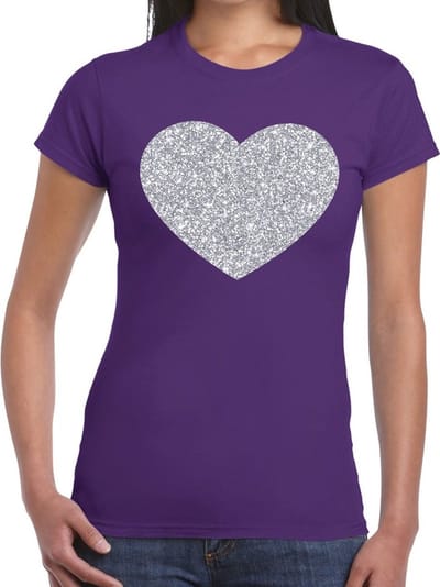Feestkleding verkleedkleding t-shirt - met zilveren hartje - paars - voor dames - Glitter and Glamour XS