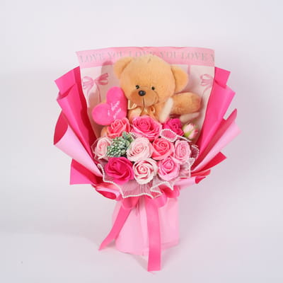 La Roselle Amsterdam Teddybeer met Kunstrozen – Roze Cadeauboeket met bruine Beer