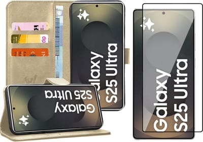 Hoesje geschikt voor Samsung Galaxy S25 Ultra - Screenprotector Glas - Portemonnee Book Case Goud