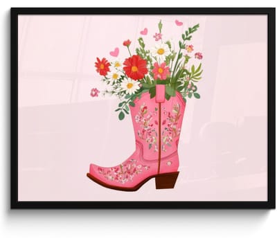 Poster in lijst - Fotolijst 70x50 cm - Posters - Cowboylaarzen - Roze - Boeket - Bloemen - Posterlijst zwart - Decoratie - Wanddecoratie woonkamer - Muurdecoratie slaapkamer