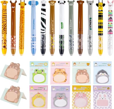 Dailygoods - Uitwisbare balpen, 12 stuks, 0,5 mm, uitwisbaar, rollerbalpen, uitwisbaar met blauwe en rode inkt met 8 zelfklevende notities, uitwisbare pennen, dieren, uitwisbare pen voor schoolspullen