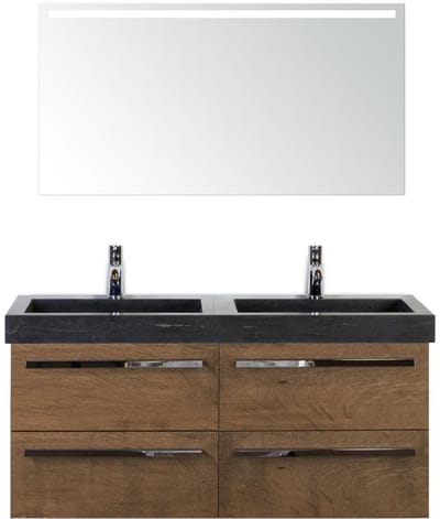 Seville Badmeubelset 120 cm - 4 Laden Tabacco - Wastafel Lucca Dubbel met Sence Spiegel