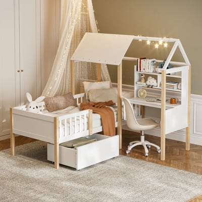 Sweiko kinderbed - 90 x 200 cm - Valbeveiliging - Lattenbodem - Bureau - Laden - Massief houten - Wit