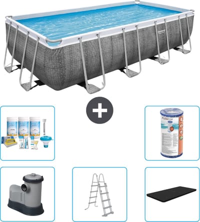 Bestway Rechthoekig Power Steel Zwembad - Rattanprint - 549 x 274 x 122 - Inclusief Pomp - Ladder - Afdekzeil Onderhoudspakket - Filter
