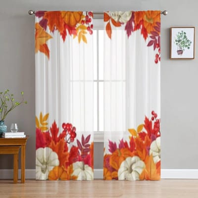 Pompoenen En Kleurrijke Herfstbladeren Transparante Gordijnen Voor Woonkamer Slaapkamer Keuken Tule Gordijn Huis Decoratieve Transparante Panelen 135W x 114H(cm) white