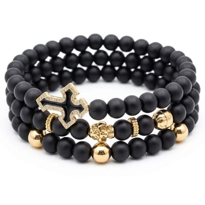 Set van 3 zwarte kralen armbanden voor heren met goudkleurige accenten en kruis hanger