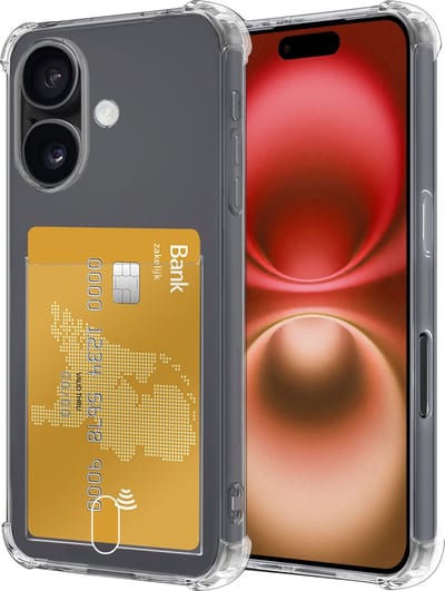Hoesje - Geschikt voor Apple iPhone 16 - Met Pashouder en Kaarthouder - Telefoon Hoes Shockproof - Siliconen Case - Back Cover - Shock Proof - Pasjes Houder - Transparant