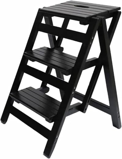 Opstapkruk Hout - Krukje Ladder - Huishoudelijk Gebruik - Opvouwbaar Ontwerp - 56x42x66cm - Zwart