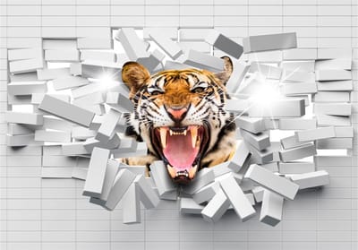 Fotobehangkoning - Behang - Vliesbehang - Fotobehang - Tijger door de gebroken muur - 3D - 100 x 70 cm