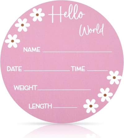 Babynaamplaatje Houten Bord - Hello World Bord - Geboorte Aankondiging - Met Bloemenpatroon - 15cm Diameter - Roze Rood