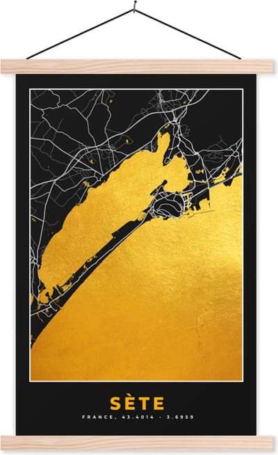 Posterhanger incl. Poster 40x60 cm - Schoolplaat - Stadskaart – Frankrijk – Kaart – Plattegrond - Sète - Textielposter - Blanke latten - Stadskaart