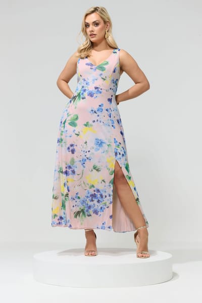 Yours London Maxi Jurk Van Mesh Met Bloemenmotief In Lichtroze/Blauw Size 44