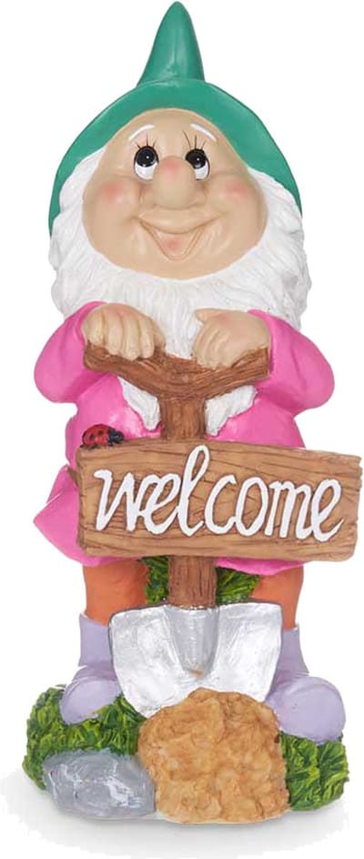 Giftdecor Tuinkabouter beeldje met Welcome bord - Polyresin - muts groen - 27 cm - decoratie dwerg