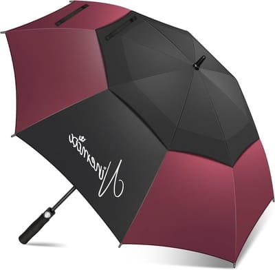 Winddichte Golfparaplu 62 inch - Automatisch Open, Groot Dubbel Canopy, Waterdicht met Schouderband voor Mannen en Vrouwen (Zwart/Burgundy)