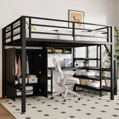 Hoogslaper 140x200 cm - Zwart - Hoogslaper Met Kledingkast, Hoogslaper Met Planken, Hoogslaper Met Opbergtrap & Bureau - Tienerhoogslaper - Kinderhoogslaper - Zonder Matras - Praktisch en Ruimtebesparend