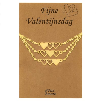 Koppel Ketting voor 3 'Fijne Valentijnsdag' - Hartjes - Vriendschapsketting op Cadeau Kaartje - 45cm + 5cm verstelbaar - Goudkleurig - BFF Hanger - Pax Amare