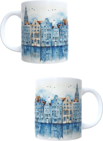 Bedrukte koffie beker - thee mok - blauwe amsterdamse huisjes - bleu houses