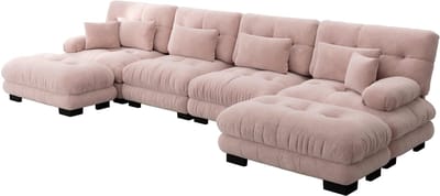 Merax Hoekbank U-vorm 4-zits – Modulaire Bankstel met Hocker – Chenille Roze