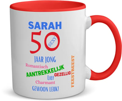Akyol - sarah 50 jaar jong koffiemok - theemok - rood - 49+1 - mensen die 50 zijn geworden - 50 jaar sarah en abraham cadeau - jubileum man en vrouw - verjaardags - grappige tekst - jarig - verjaardag - 350 ML inhoud