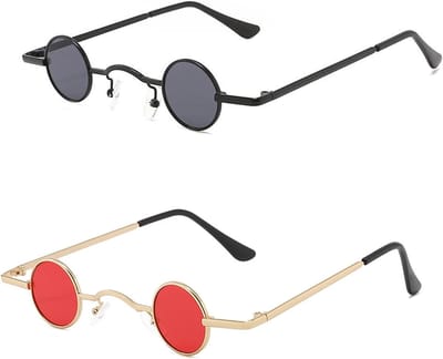 2Pcs Vintage Sunglasses - Small Round Men's Stylish Hippie Polarized Ladies Classic Steampunk Party Glasses Beach - ShopVlot