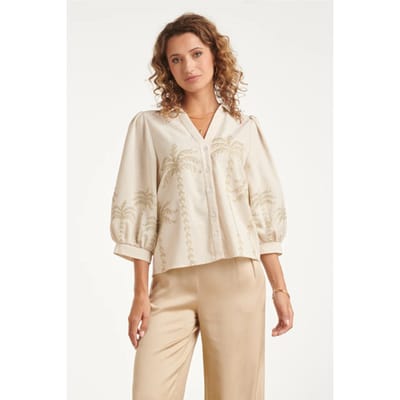 Smashed Lemon Dames blouse beige met geborduurde palmboom |