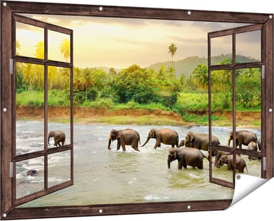 Gards Tuinposter Doorkijk Kudde Olifanten in het Water - 150x100 cm - Tuindoek - Tuindecoratie - Wanddecoratie buiten - Tuinschilderij