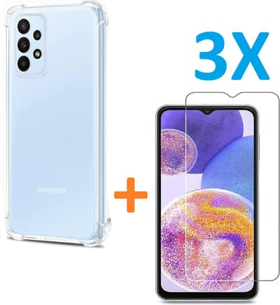 Anti-Shock silicone hoesje met 3 Pack Tempered glas Screen Protector Geschikt voor: Samsung Galaxy A23