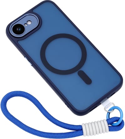 Casemania Hoesje + Koord Geschikt voor Apple iPhone 16e - Blauw - Matte Armor Back Cover Geschikt voor MagSafe - Telefoonhoesje met Pols Bandje
